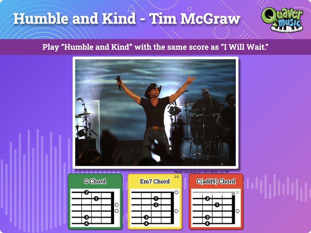 Snapshot from a Quaver Guitar Course lesson plan featuring Humble and Kind by Tim McGraw